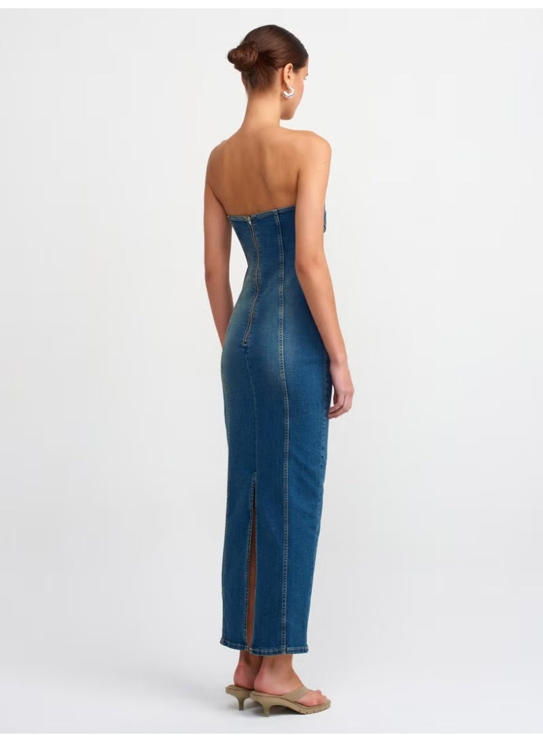 Dilvin Denim Strapless Midi Dress - Image 3